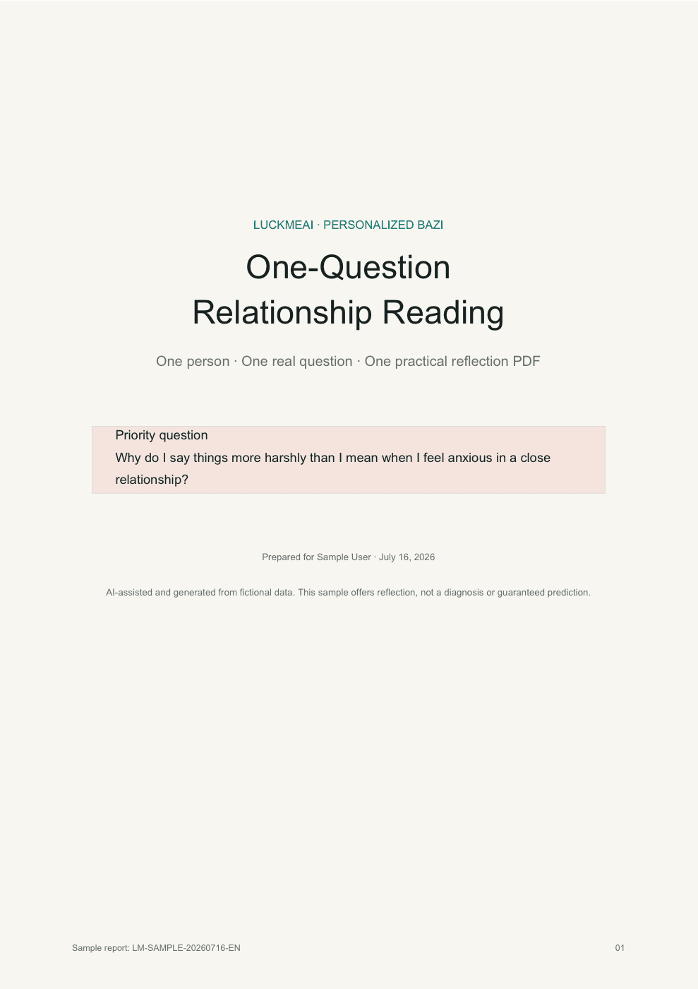 First page preview of the LuckMeAI One-Question BaZi Relationship Reading sample PDF.